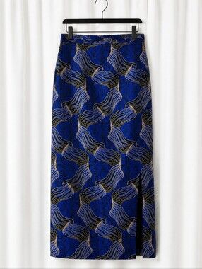 Vintage Siasia New York Blue Gold Metallic Side Split Abstract Maxi Column Skirt